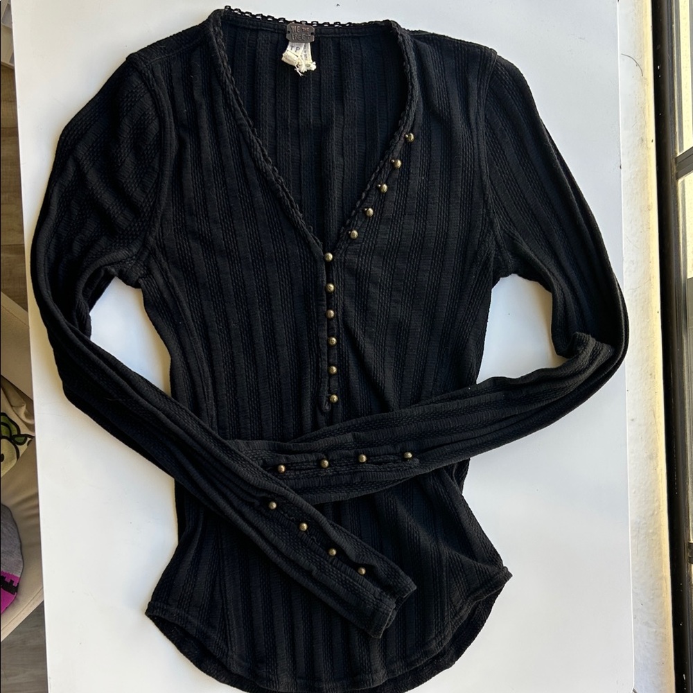 Free People Black Ribbed Long-Sleeve Henley with Button Detail
